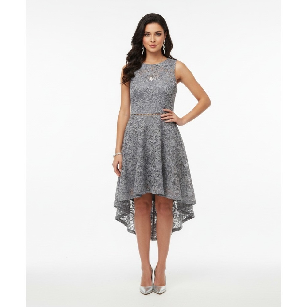 City Studio Dress Womens 7‎ Gray Lace High Low Fit Flare Party Wedding Guest